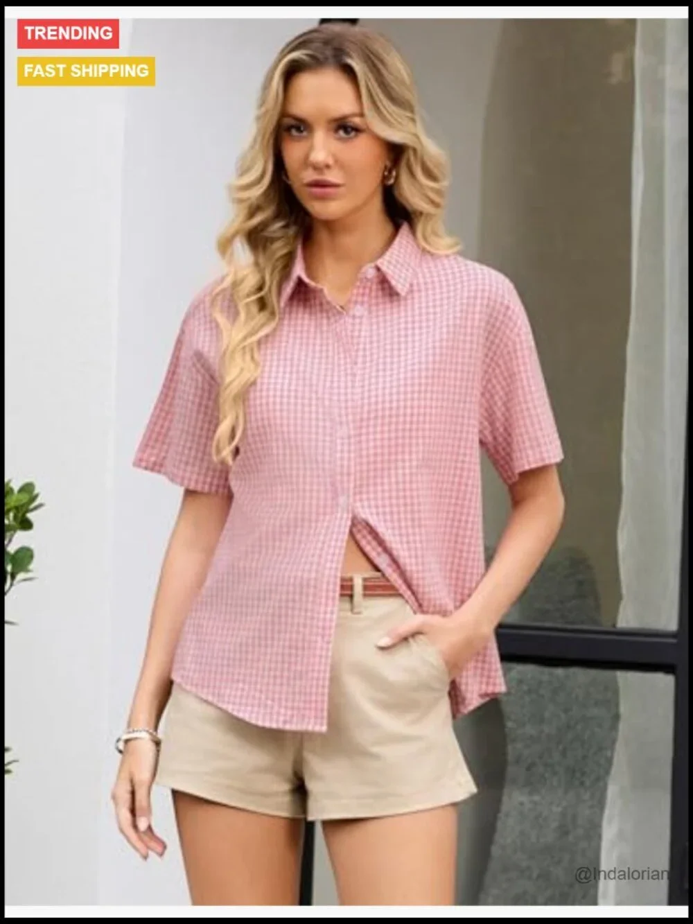 Short Sleeve V-Neck Button Down Blouse Work Top
